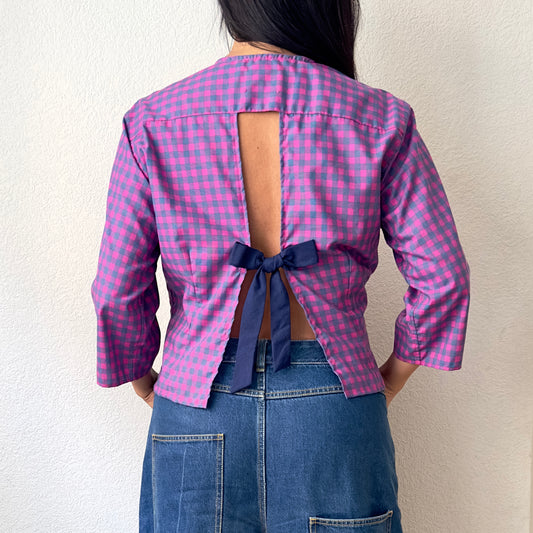 Fucsia Plaid Shirt - open back with bow- Upcycled Shirt 48 - S-M