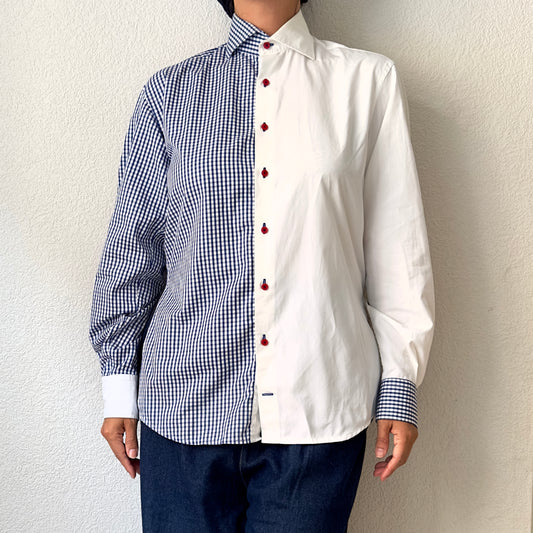 Contrasted Shirt white/blue checks - Upcycled Shirt 58 - M, Cotton
