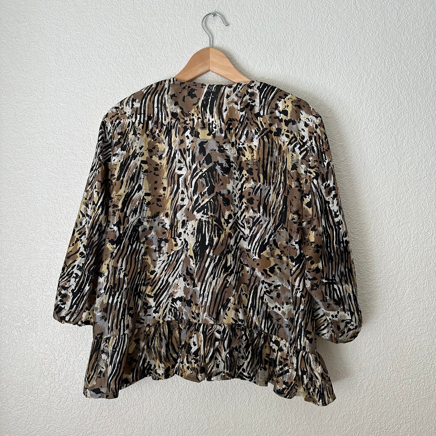 Peplum Tie Silk Blouse - Upcycled Shirt 13 - L, Silk, Animal Print