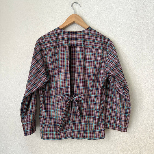 Purple Plaid Shirt - open back with bow- Upcycled Shirt 47 - S-M
