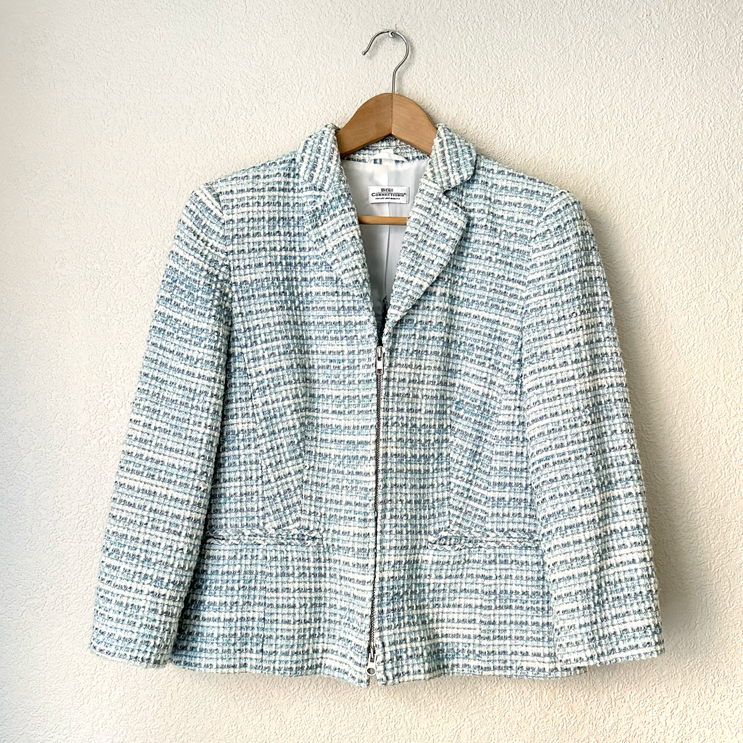 Upcycled Bow Blazer Light Blue/White Silk Bow - size S