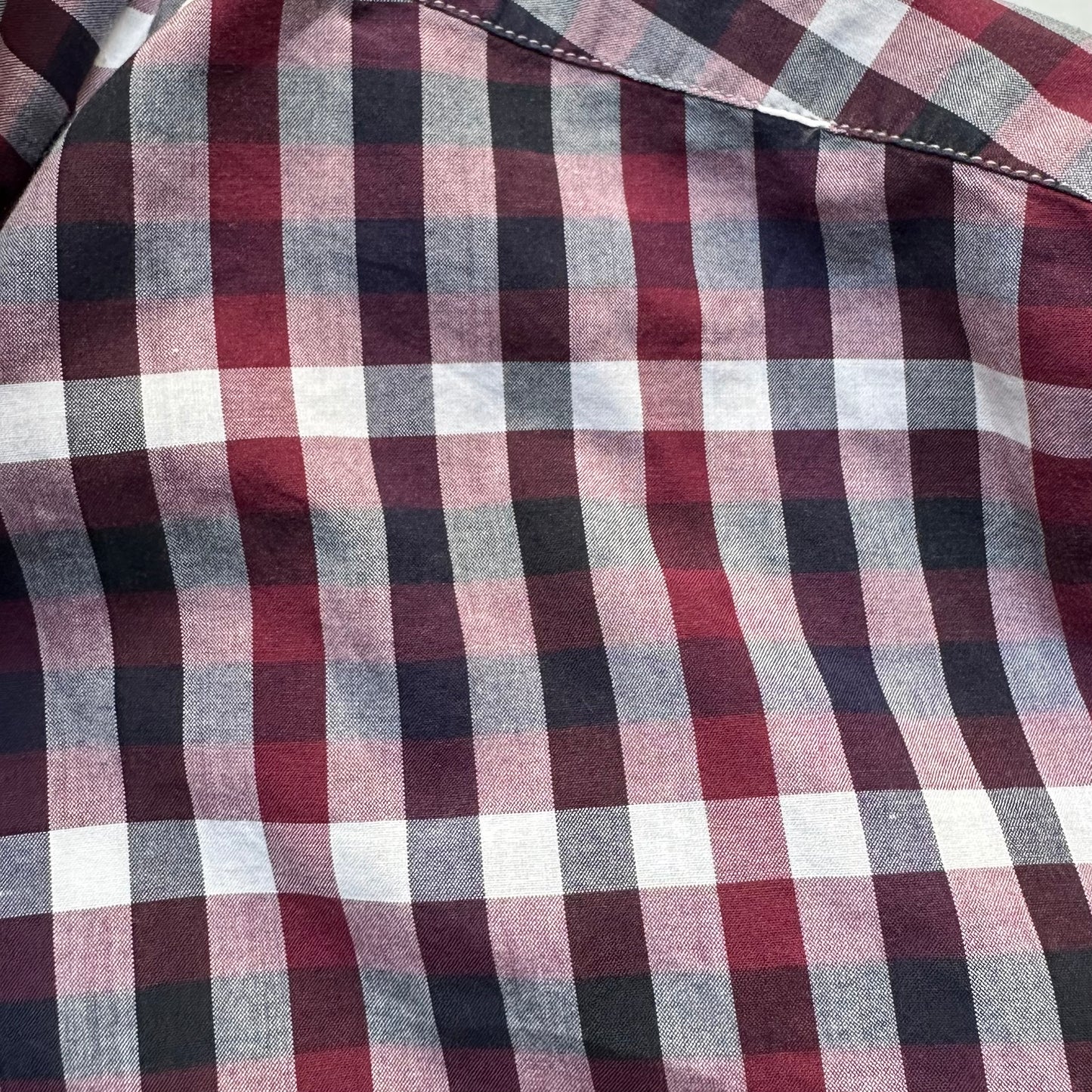 Mock Neck Burgundy Plaid Shirt - Upcycled Shirt 55 - S, Cotton