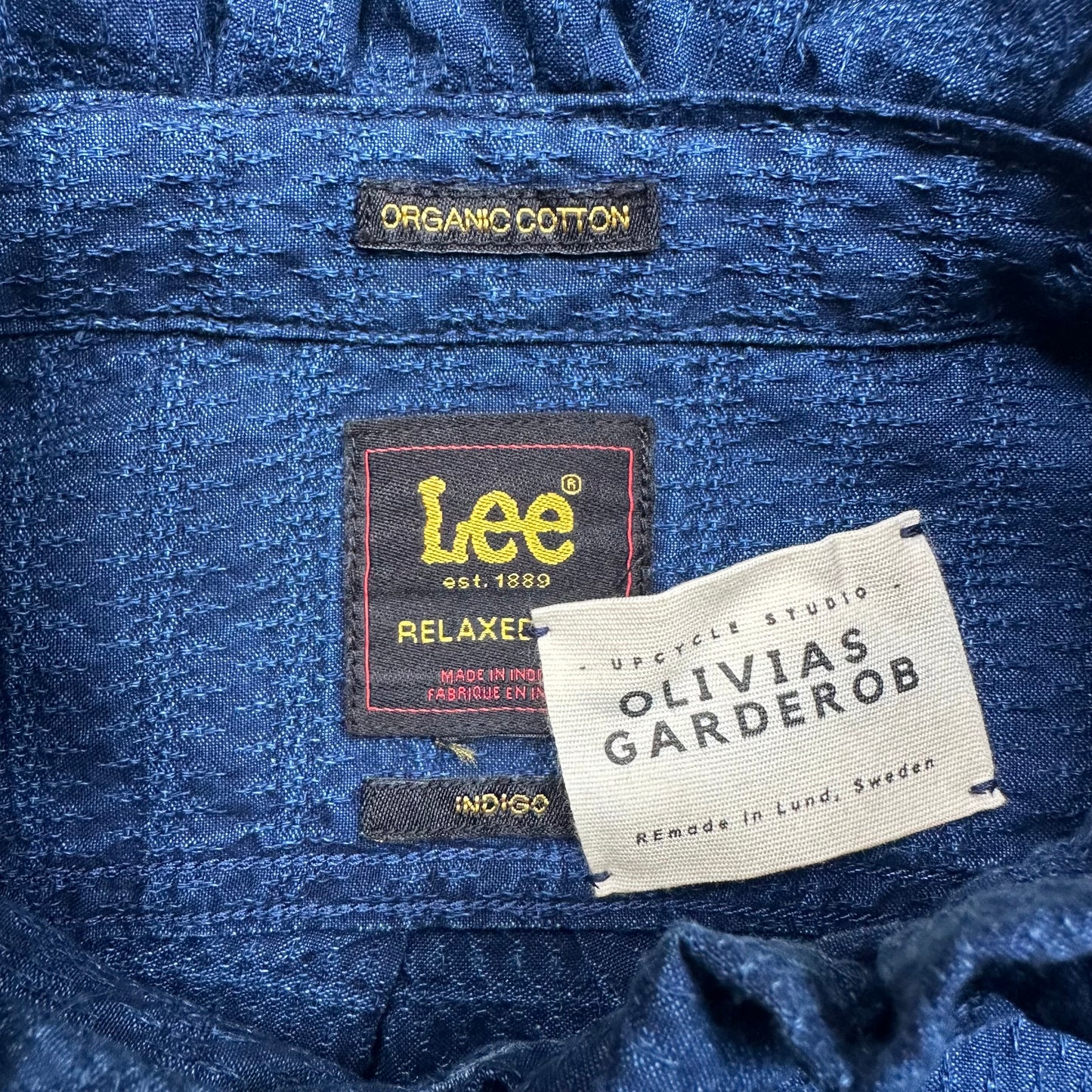 Denim Ruffle Neck Shirt - Upcycled Shirt 65 - S-M, Organic Cotton