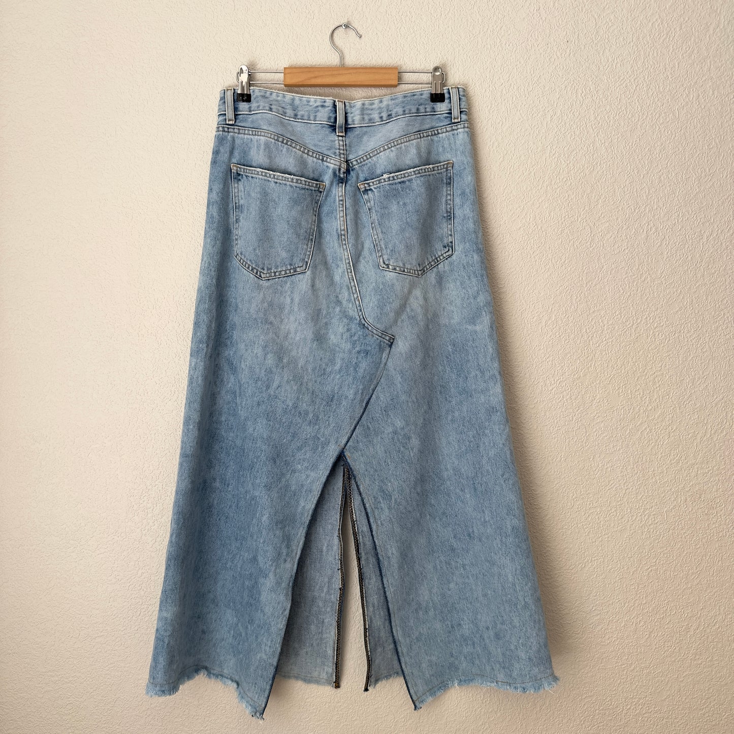Upcycled Denim Maxi Skirt 11 - Acid Wash/Frayed - Size M