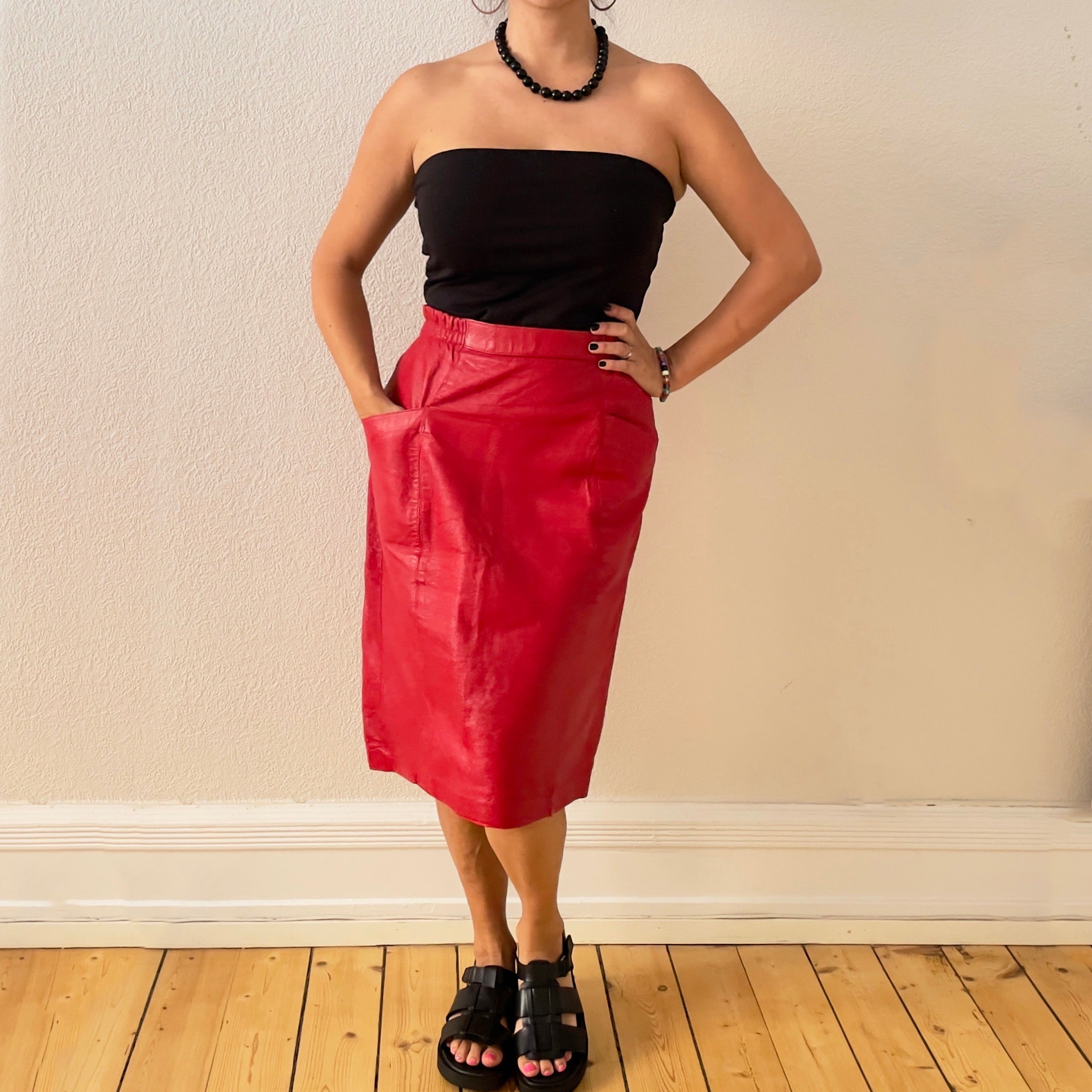 Red leather midi on sale skirt