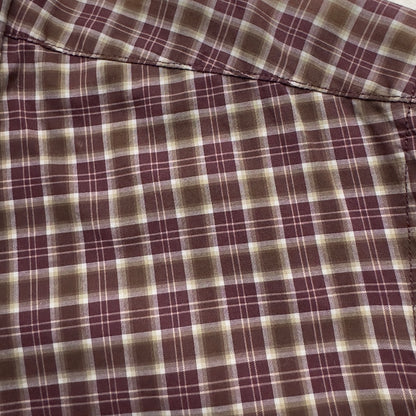 Mock Neck Brown Burgundy Plaid Shirt - Upcycled Shirt 60 - S, Cotton