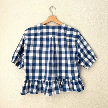 Peplum Tie Blouse - Upcycled Shirt 17 - M-L, Cotton, Blue Plaid