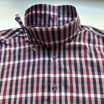 Mock Neck Burgundy Plaid Shirt - Upcycled Shirt 55 - S, Cotton