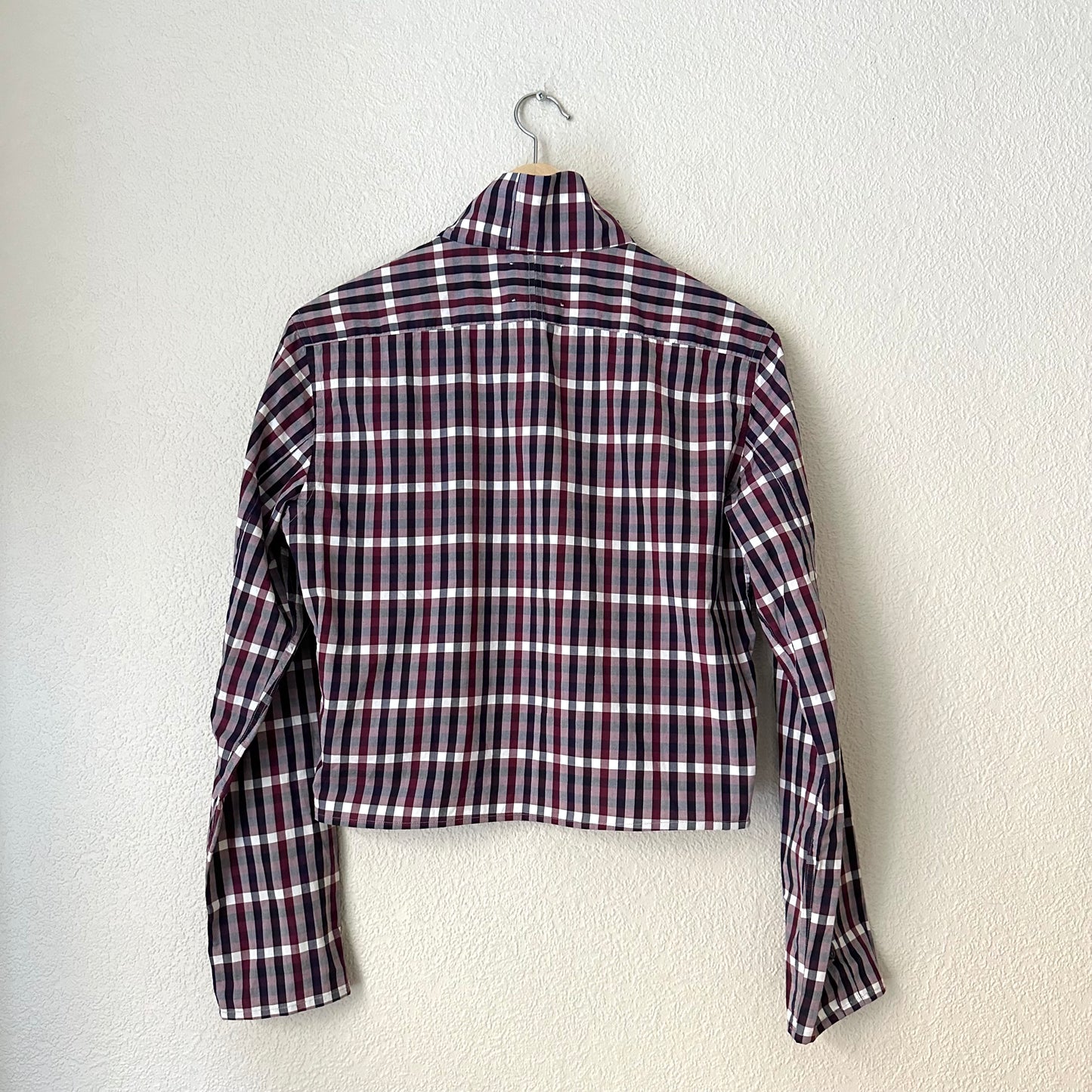 Mock Neck Burgundy Plaid Shirt - Upcycled Shirt 55 - S, Cotton