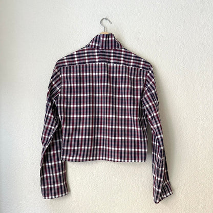 Mock Neck Burgundy Plaid Shirt - Upcycled Shirt 55 - S, Cotton