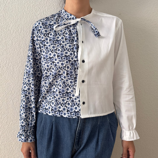 Contrasted Shirt White/Blue Flowers - Upcycled Shirt 27 - M, Cotton