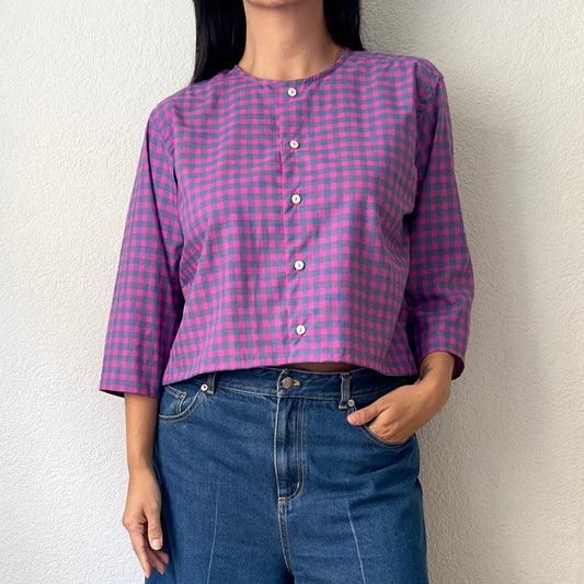 Fucsia Plaid Shirt - open back with bow- Upcycled Shirt 48 - S-M