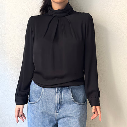 Black High Neck Silk Blouse - size 38