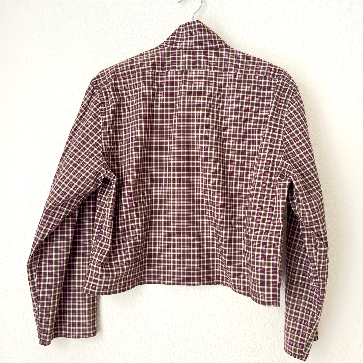 Mock Neck Brown Burgundy Plaid Shirt - Upcycled Shirt 60 - S, Cotton