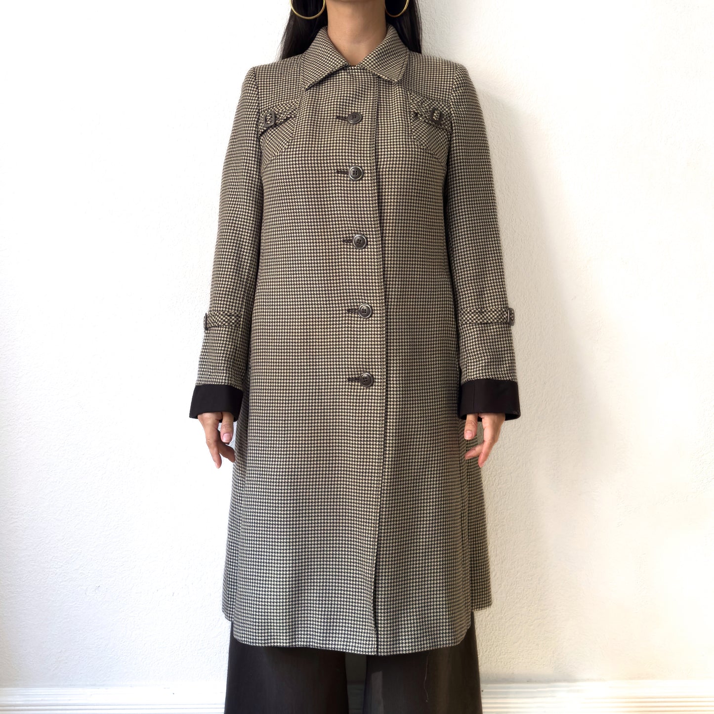 Vintage Brown Houndstooth Wool Coat - size M