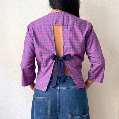 Fucsia Plaid Shirt - open back with bow- Upcycled Shirt 48 - S-M