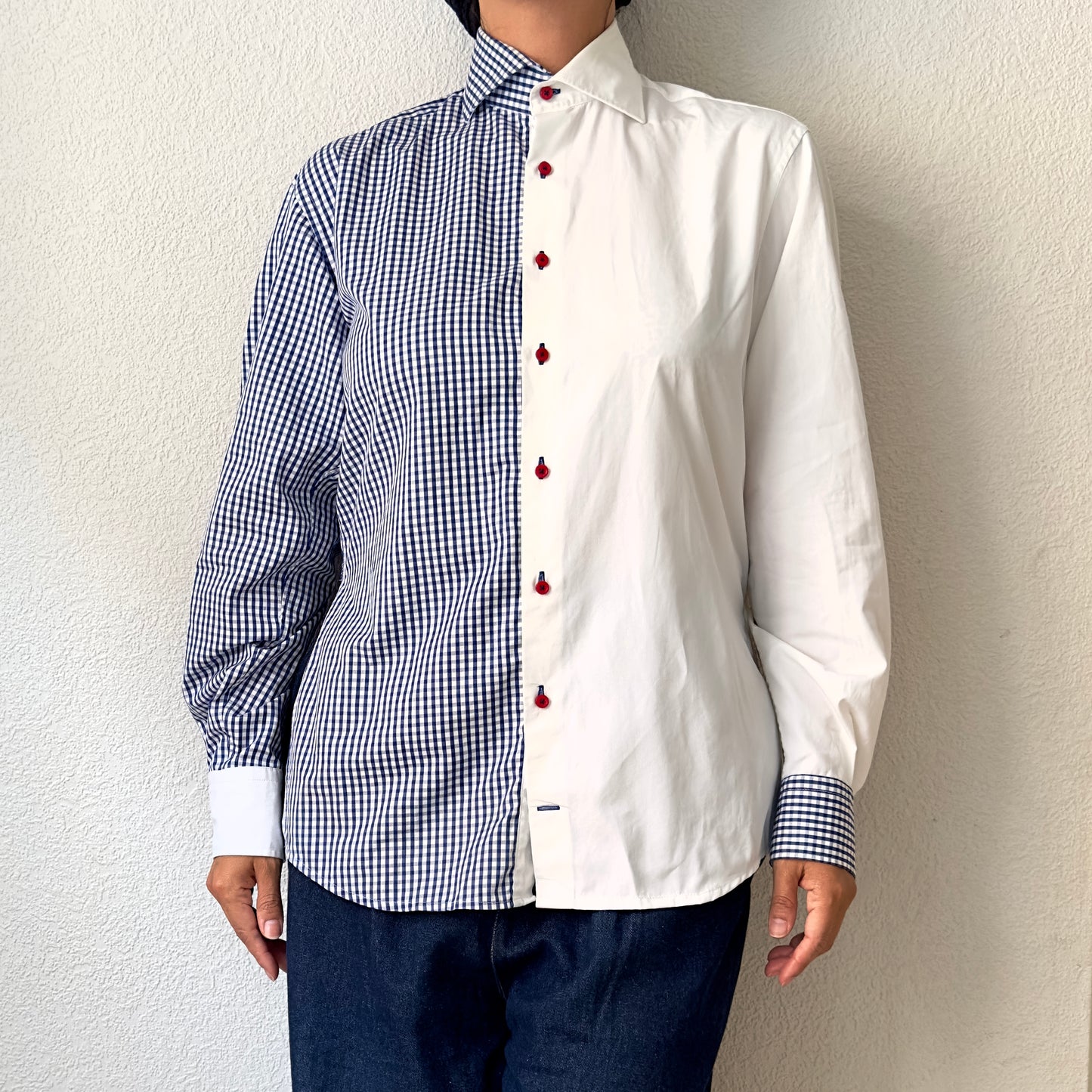 Contrasted Shirt white/blue checks - Upcycled Shirt 58 - M, Cotton