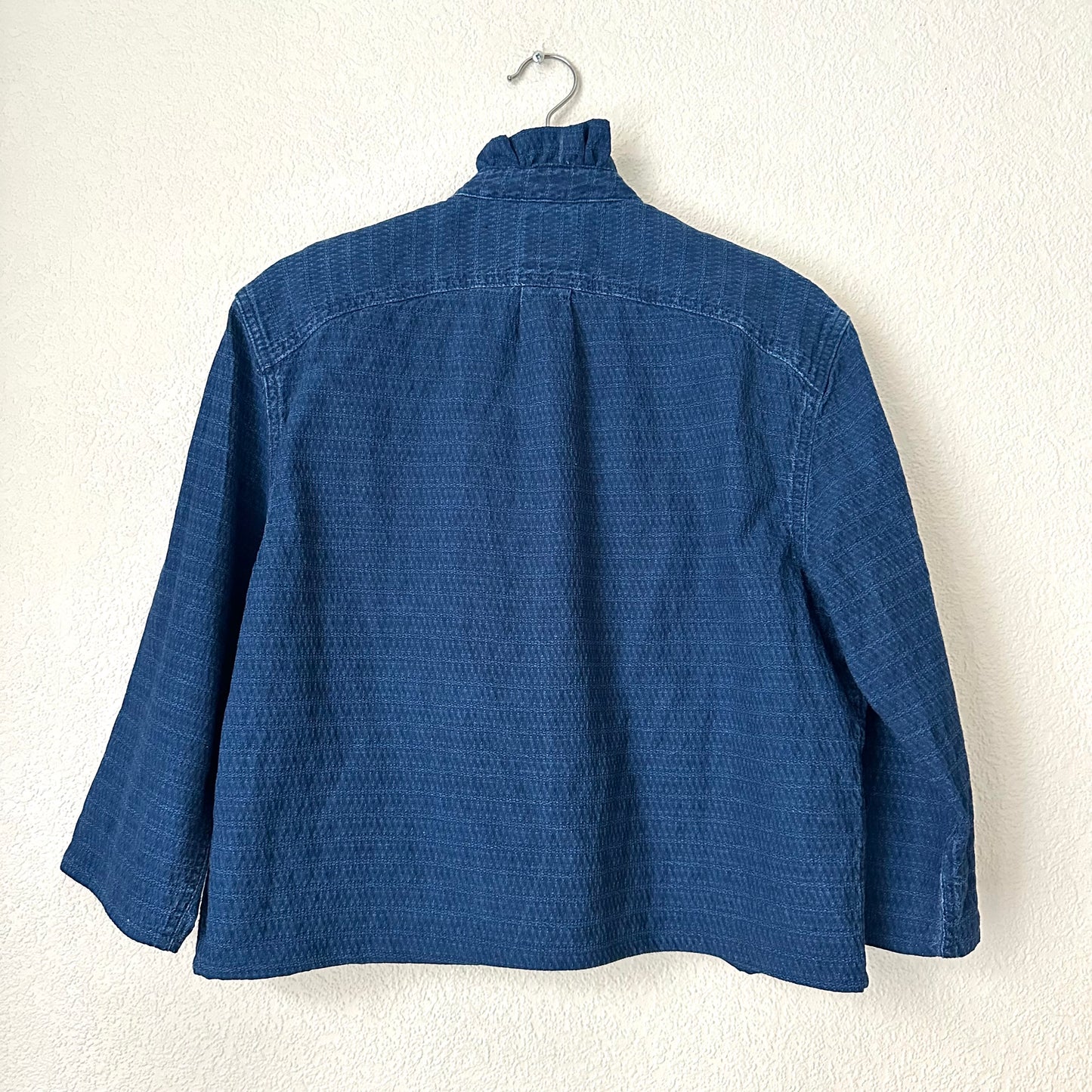 Denim Ruffle Neck Shirt - Upcycled Shirt 65 - S-M, Organic Cotton