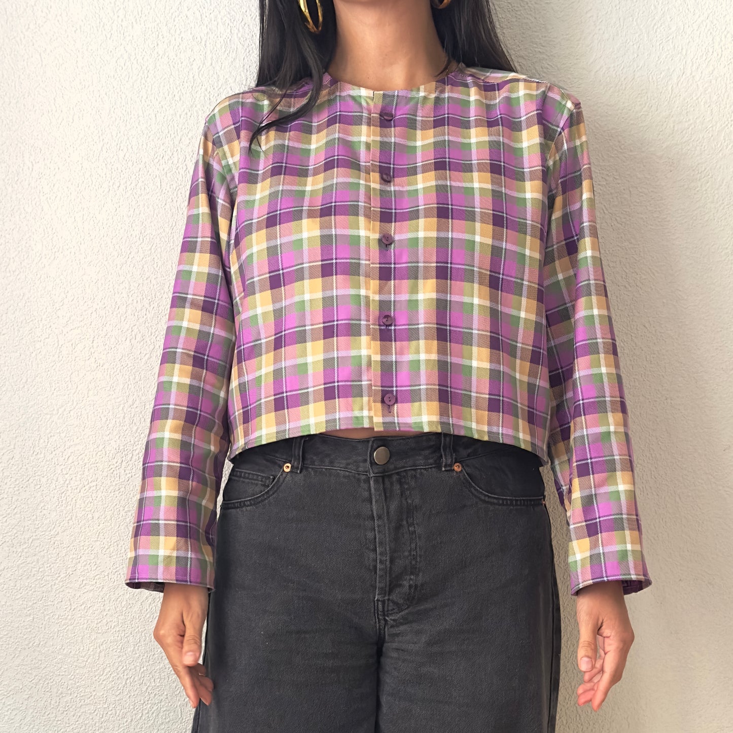 Purple Plaid Shirt - open back with bow- Upcycled Shirt 50 - S-M