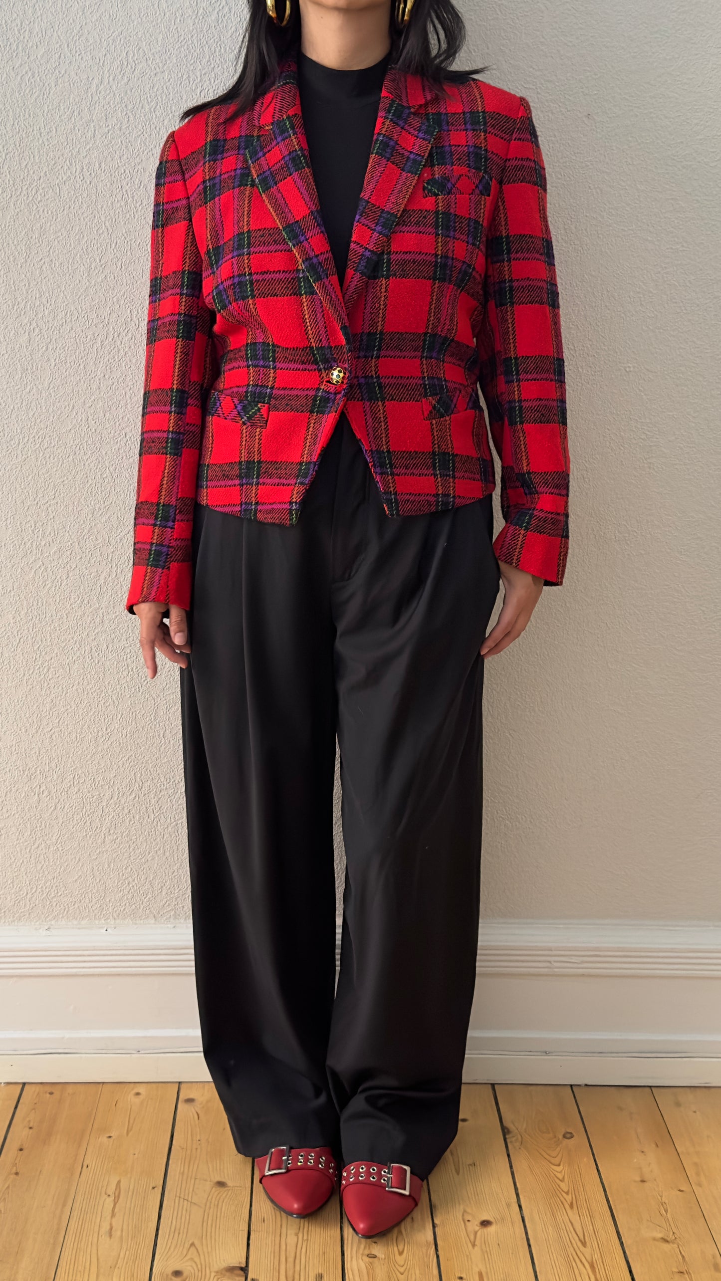 Vintage Red Tartan Wool Blazer