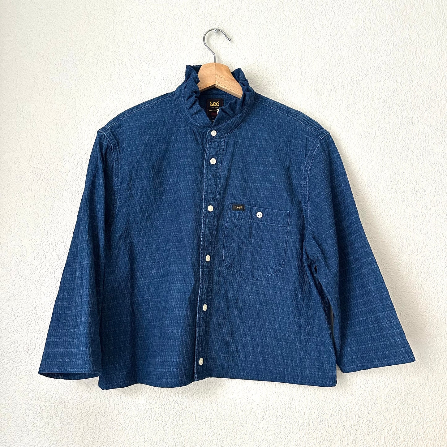 Denim Ruffle Neck Shirt - Upcycled Shirt 65 - S-M, Organic Cotton
