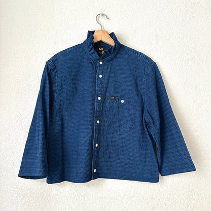 Denim Ruffle Neck Shirt - Upcycled Shirt 65 - S-M, Organic Cotton