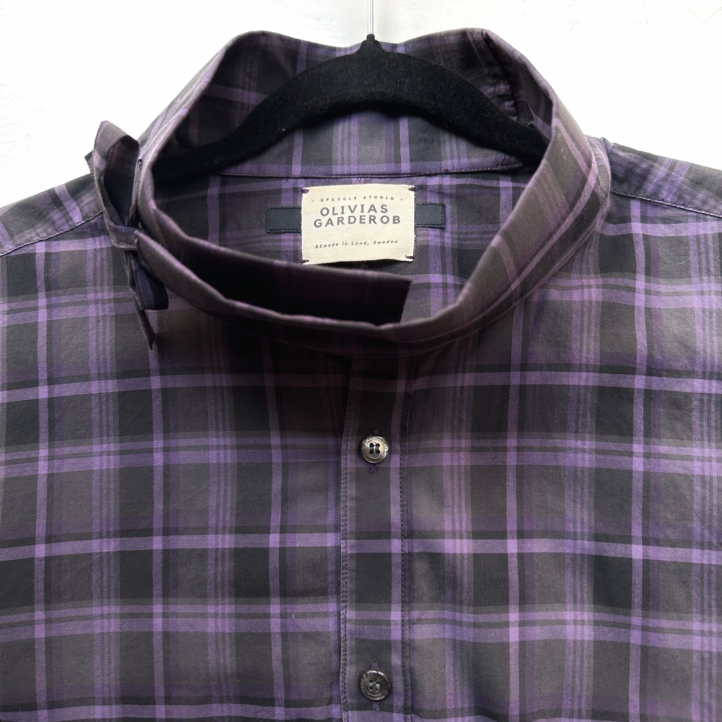 Mock Neck Black/Purple Plaid Shirt - Upcycled Shirt 54 - M-L, Cotton