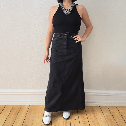 Upcycled Denim Maxi Skirt 23 - Red - Size S
