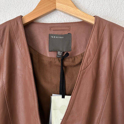 Muubaa Collarless Leather Blazer in Chocolate Brown, NEW, Size L