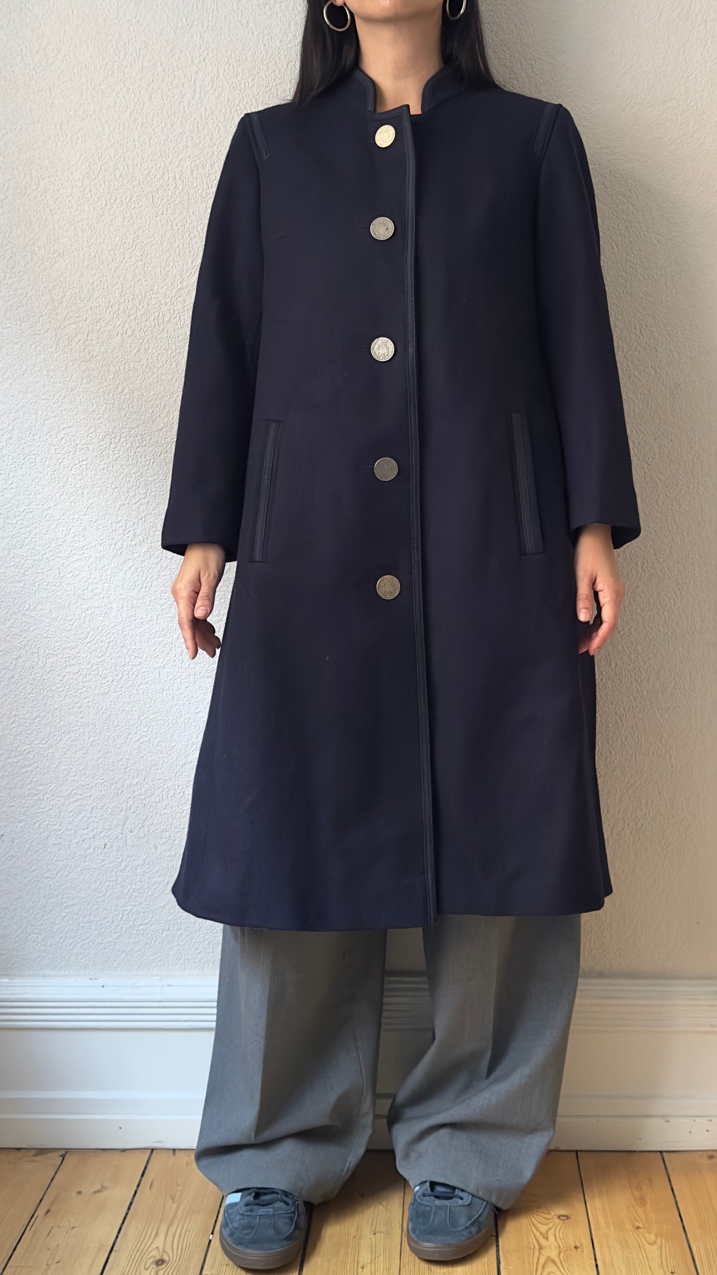 Vintage Dark Blue Loden Coat - Pure Wool - size M