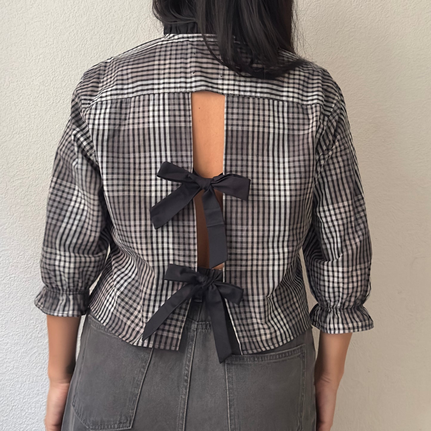 Plaid Open Back Black Bows - Upcycled Men’s Shirt 49 - M,L, Cotton