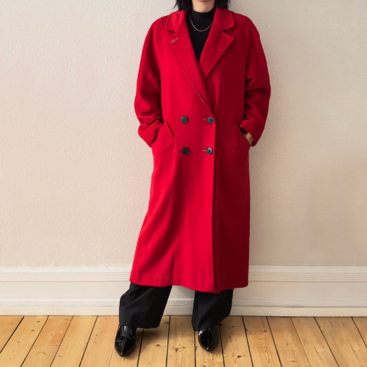 Vintage Red Wool Coat Pleated Detail- size M