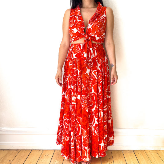 Vintage Floral Silk Set - cropped blouse + Full Skirt - size M