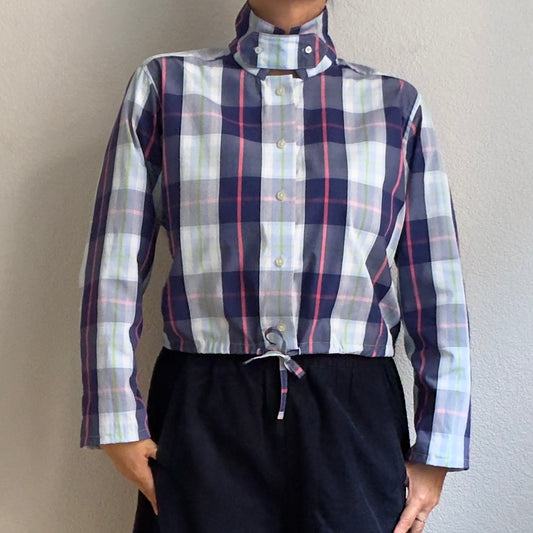 Stand collar + flap - Upcycled Shirt 69 - M,L, Cotton, Blue plaid
