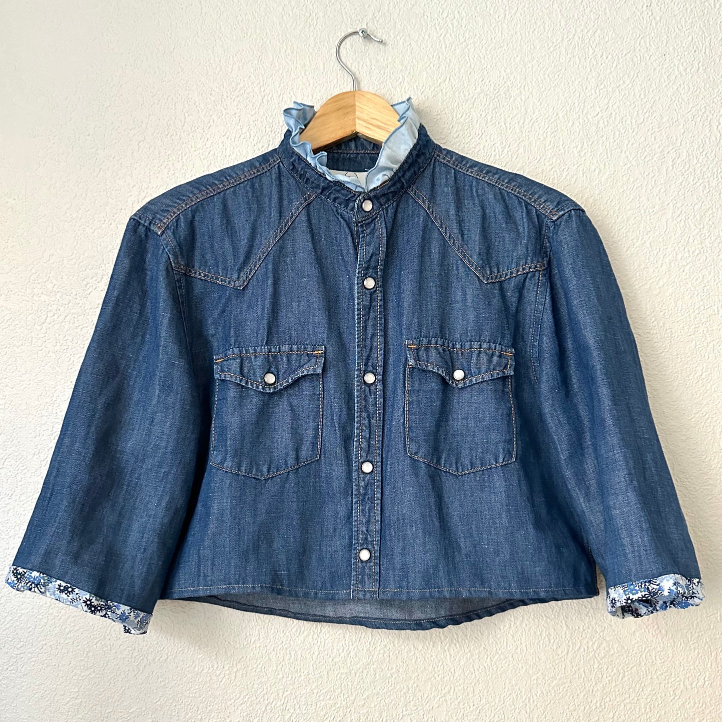 Denim Ruffle Neck - Upcycled Shirt 22 - M, Cotton, Dark Blue