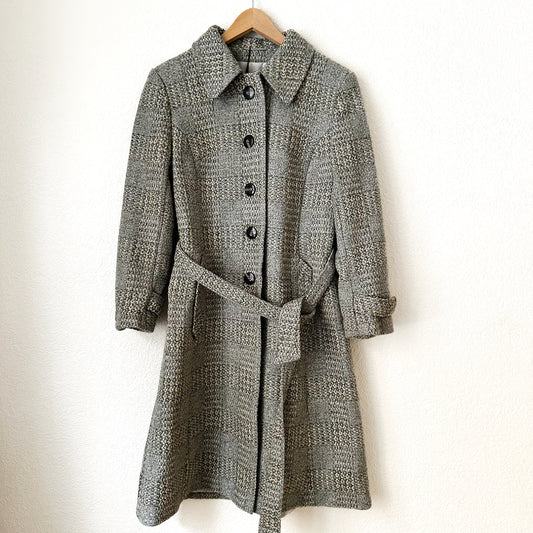 Vintage Tweed Belted Coat - Pure Wool - size M