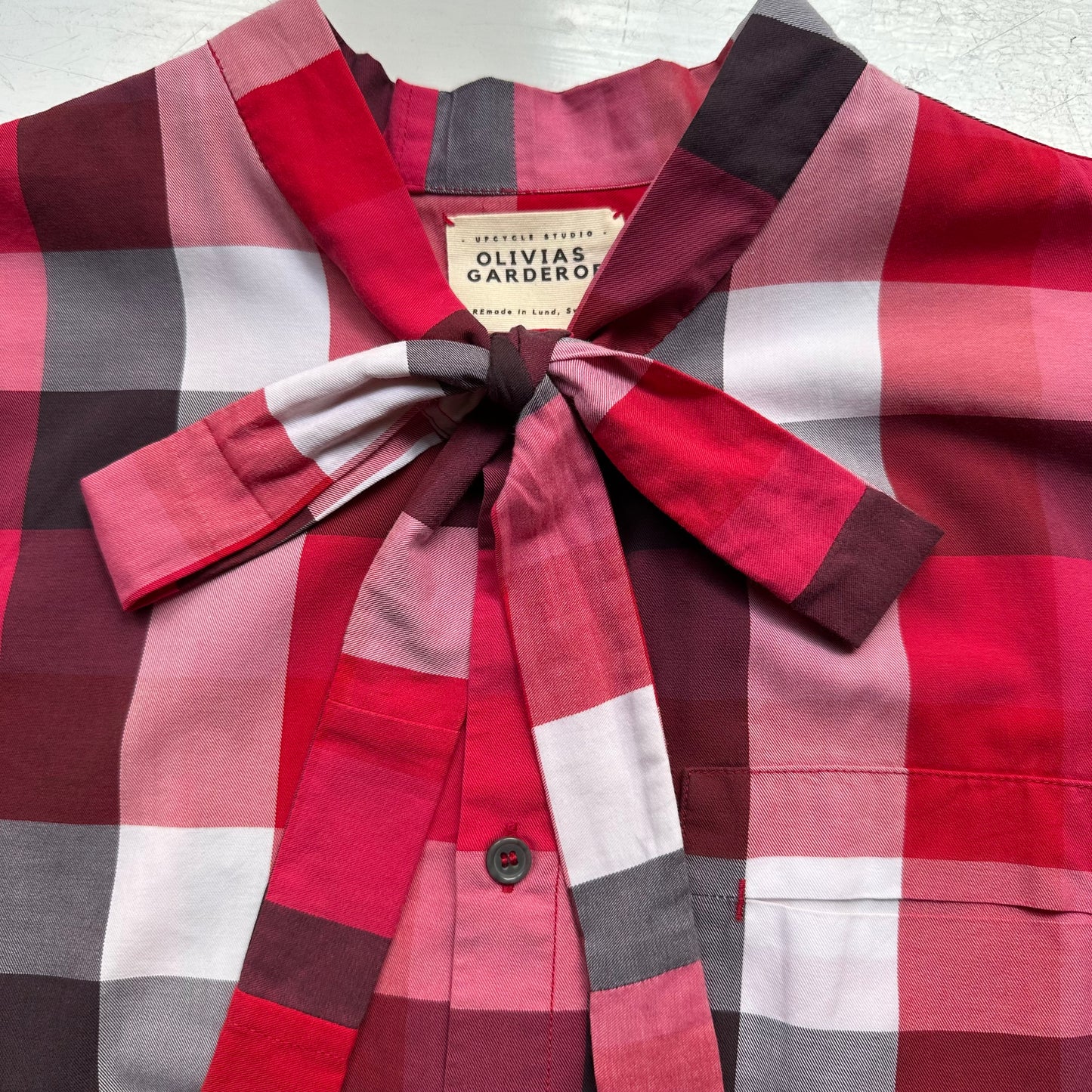 PLAID tie neck - Upcycled Shirt 51 - M, Cotton