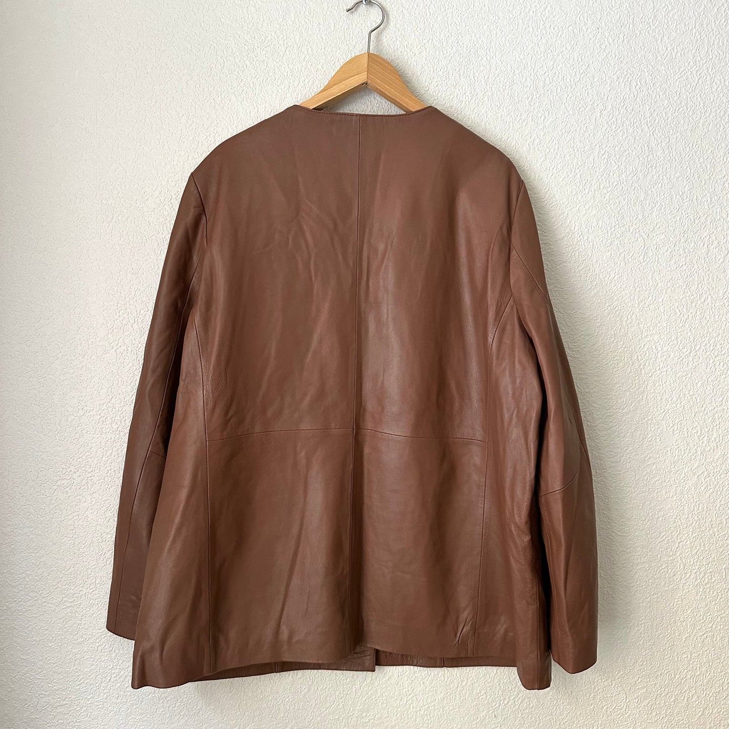 Muubaa Collarless Leather Blazer in Chocolate Brown, NEW, Size L