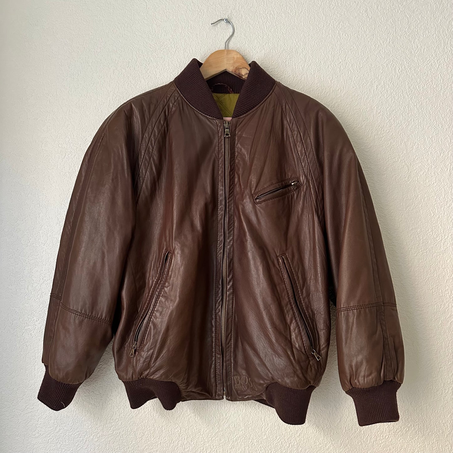 Vintage Hugo Boss Leather Bomber Jacket - size L