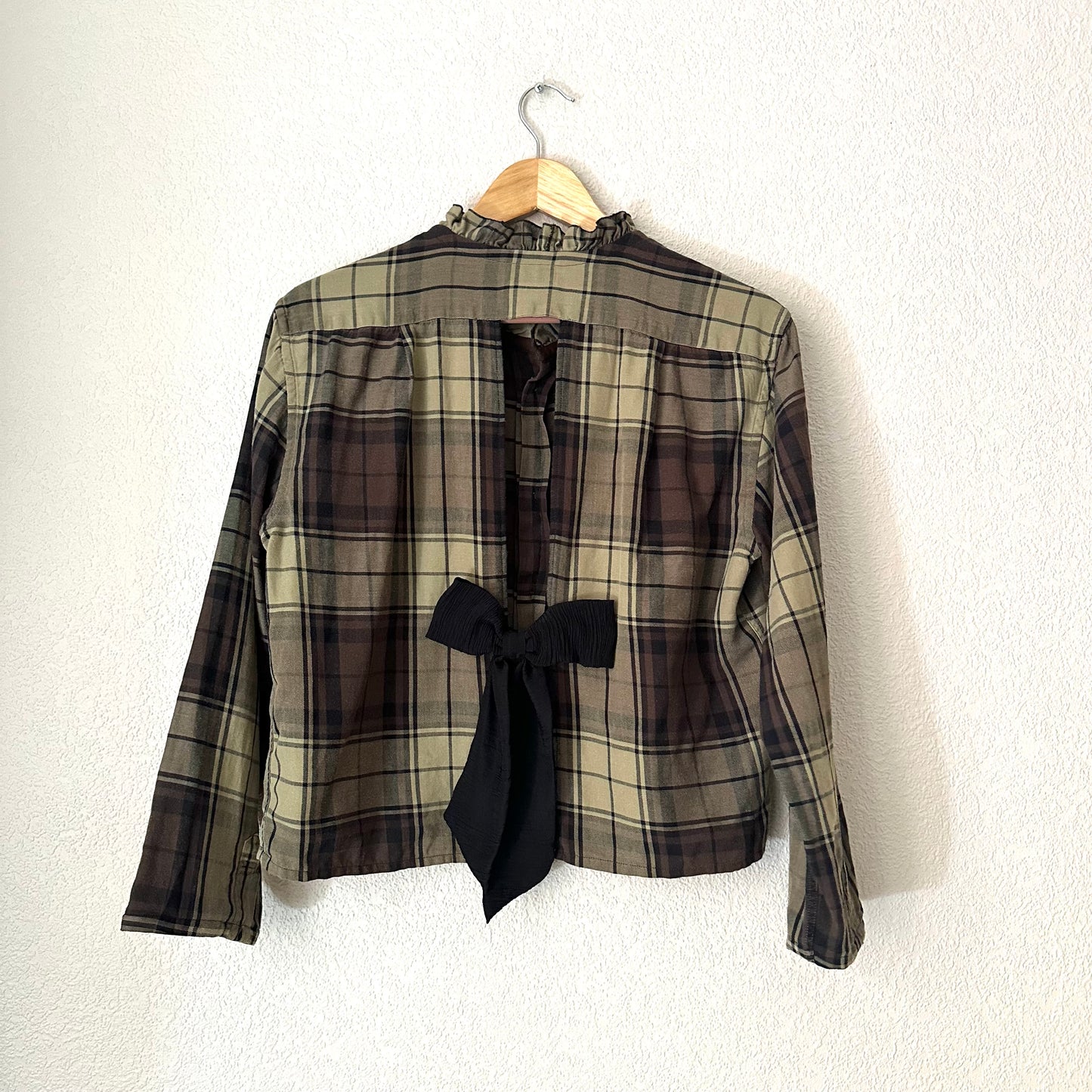 Brown Plaid Silk Bow - Upcycled Shirt 29 - M-L Cotton