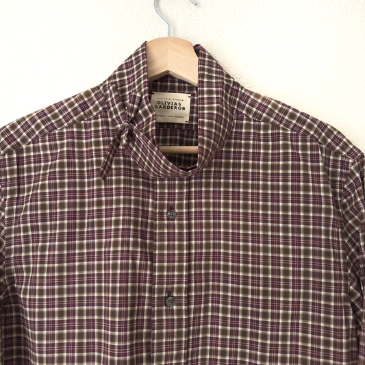 Mock Neck Brown Burgundy Plaid Shirt - Upcycled Shirt 60 - S, Cotton