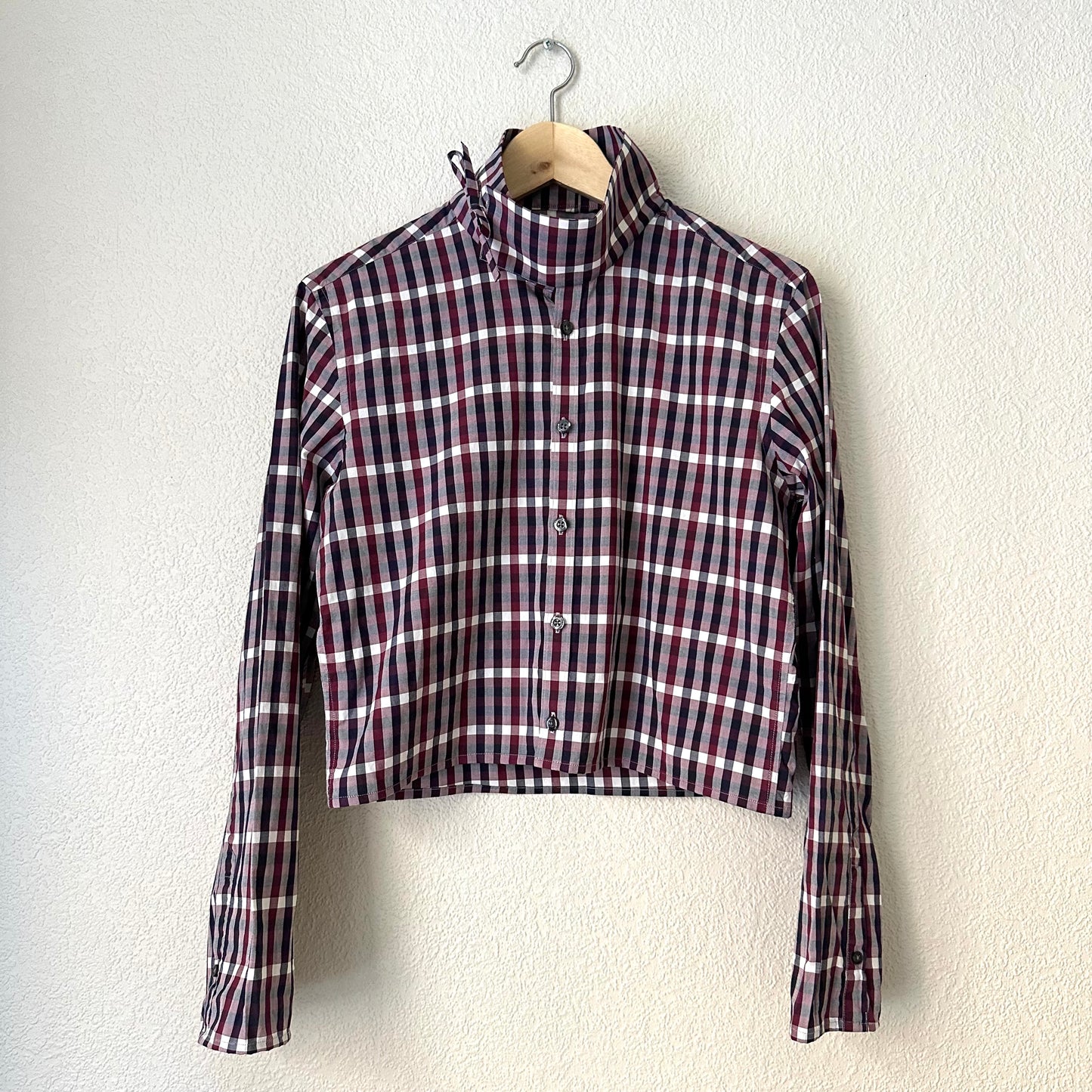 Mock Neck Burgundy Plaid Shirt - Upcycled Shirt 55 - S, Cotton