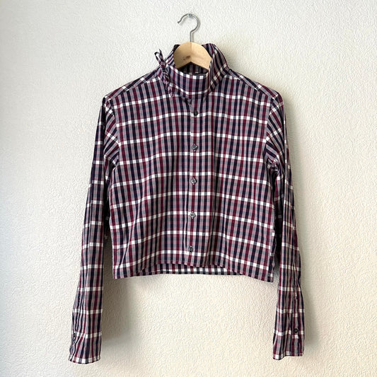Mock Neck Burgundy Plaid Shirt - Upcycled Shirt 55 - S, Cotton