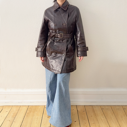 Vintage Brown Leather Trench Coat -size EU40