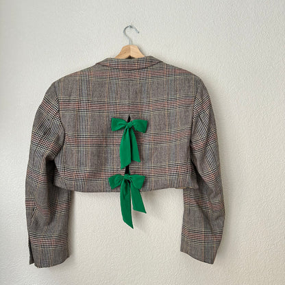 Upcycled Bow Blazer Plaid Houndstooth, size L, Wool