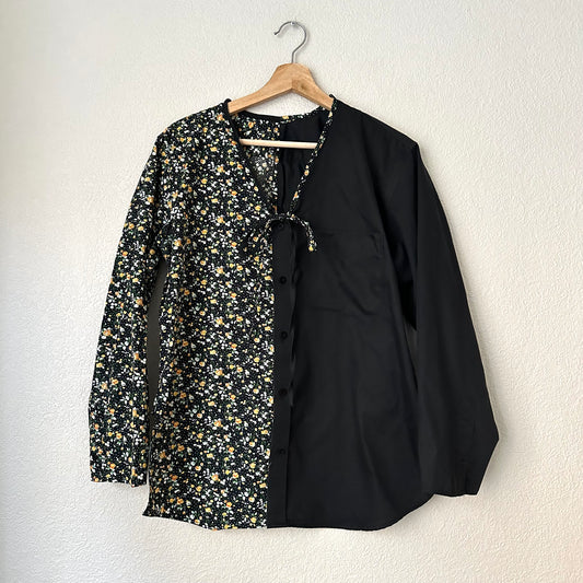 Contrasted Shirt black/yellow flowers - Upcycled Shirt 65 - L, Cotton