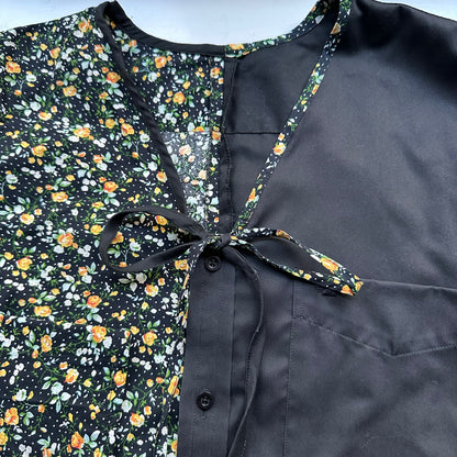 Contrasted Shirt black/yellow flowers - Upcycled Shirt 66 - L, Cotton