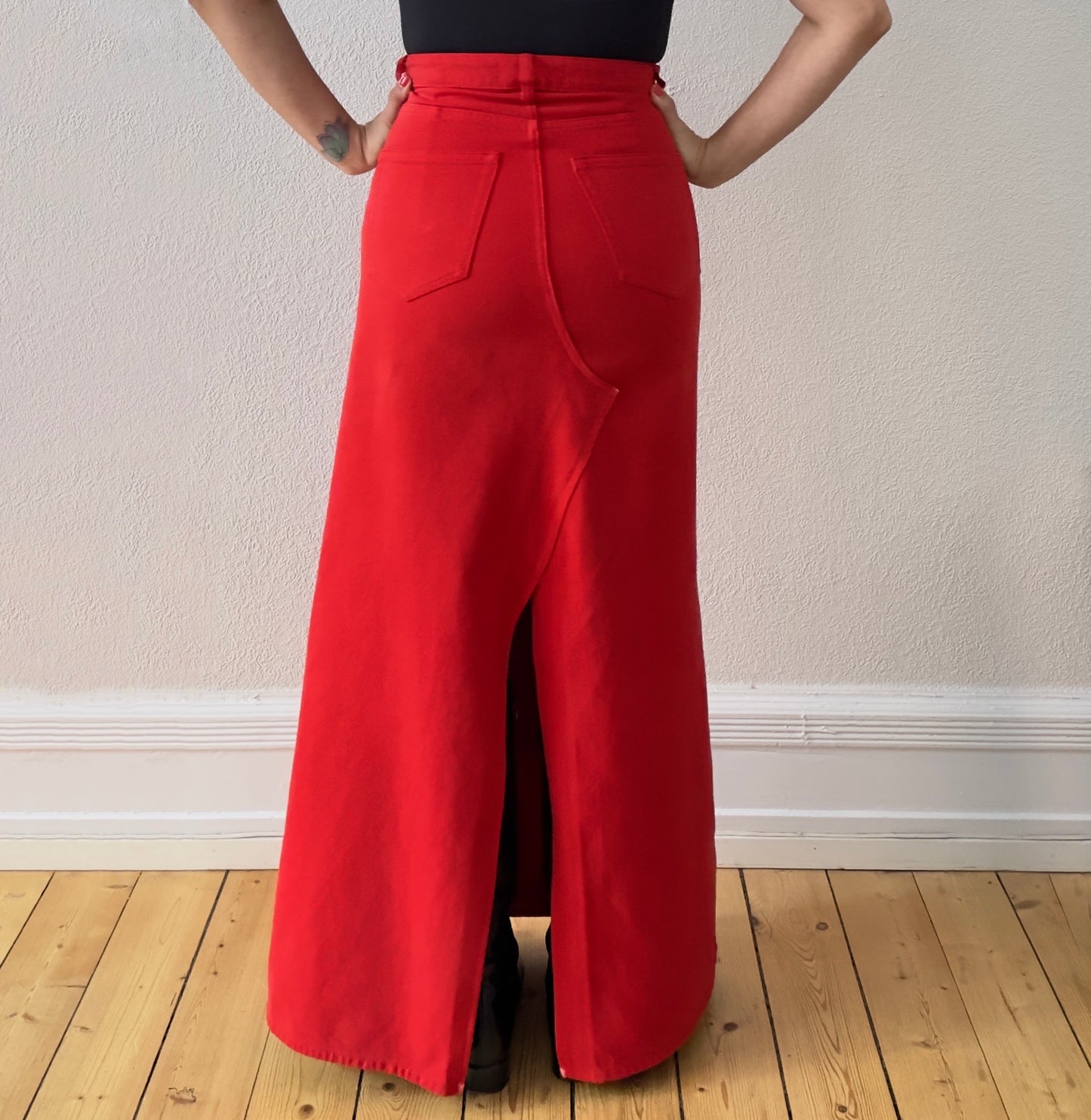 Upcycled Denim Maxi Skirt 22 - Red - Size M