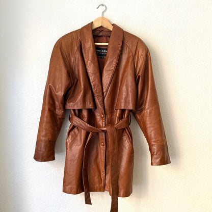 Vintage Brown Belted Leather Jacket - size S