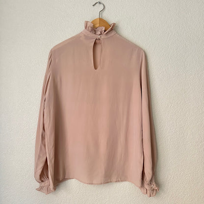Vintage Pink Ruffle Collar Silk Blouse - size 40